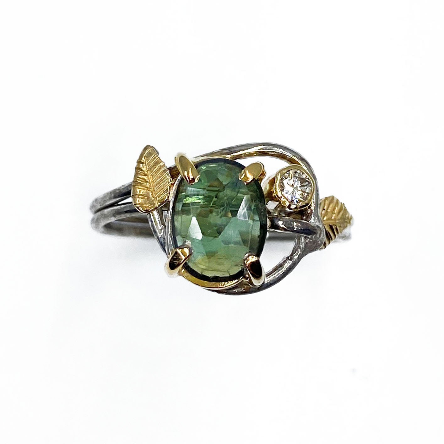 14k White and Yellow Gold Green Sapphire Leaf Ring - Mettle by Abby