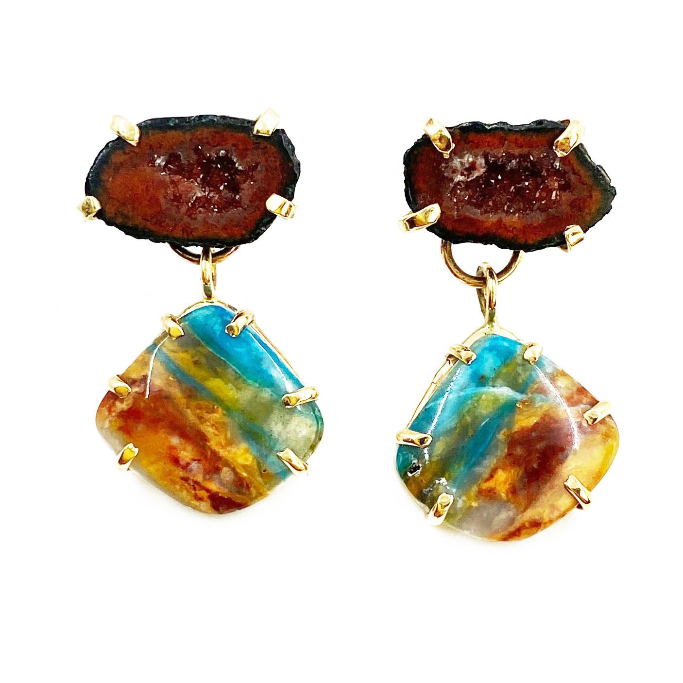 14k Yellow Gold, Red Geode & Peruvian Opal Earrings - Mettle by Abby