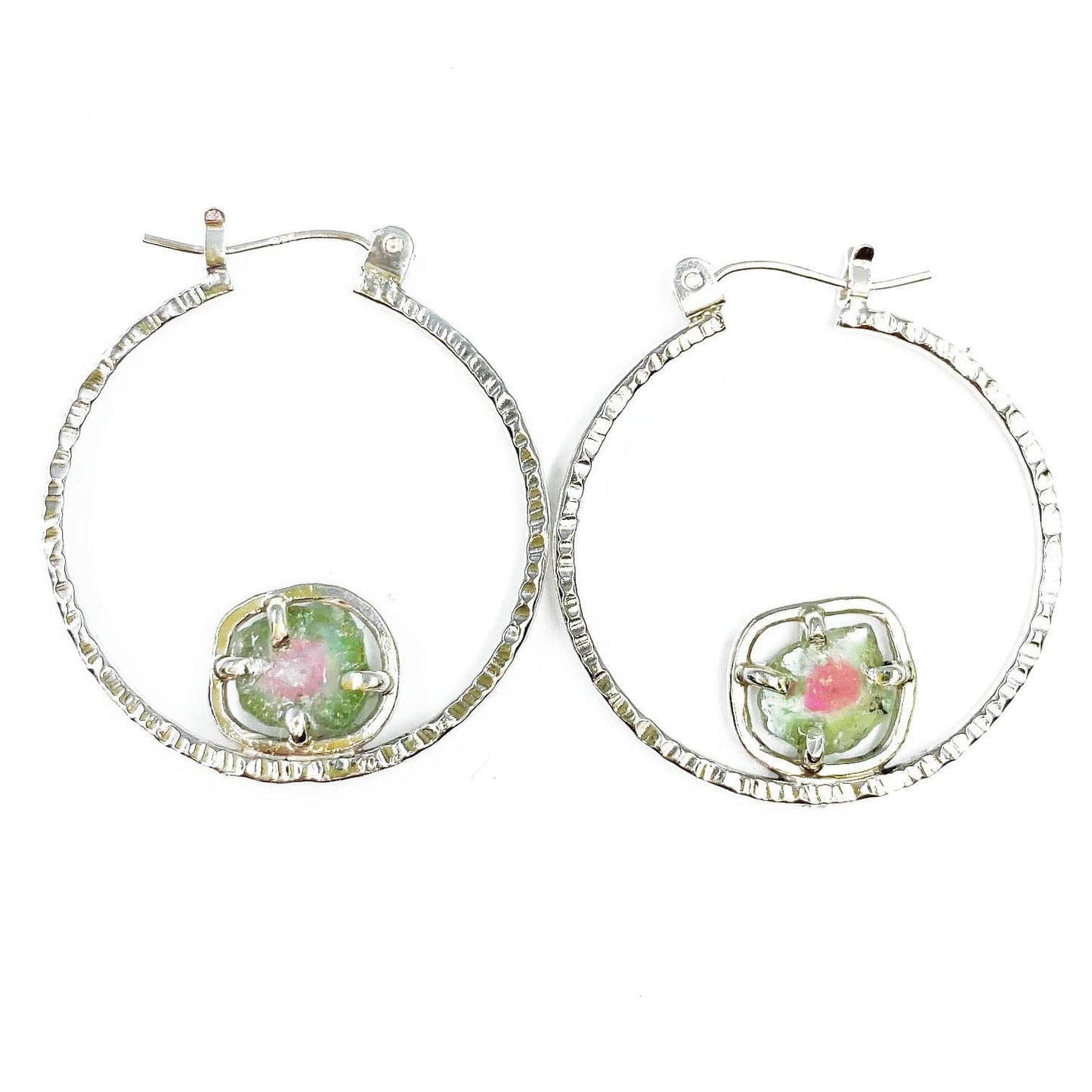 Green Watermelon Tourmaline Hoops in Silver - Mettle by Abby