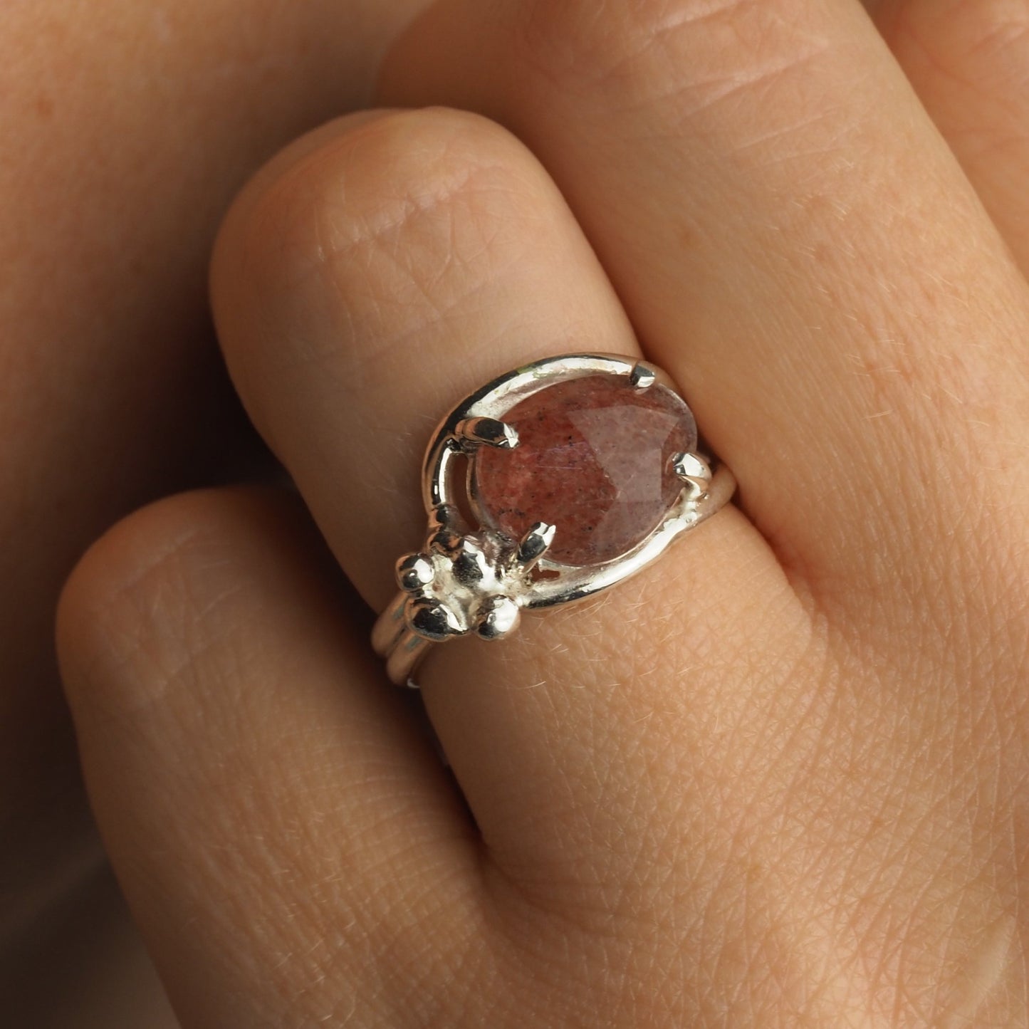 Asymmetrical Silver Cherry Quartz Ring - Rose Cut Pear Shape - Mettle by Abby