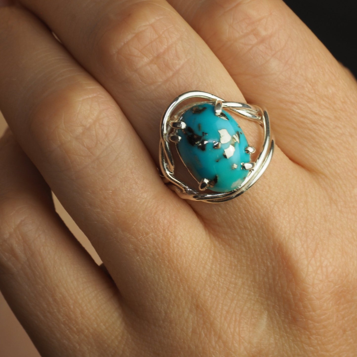 Persian Turquoise Ring - Golden Pyrite Islands & Unique Prong Setting - Mettle by Abby