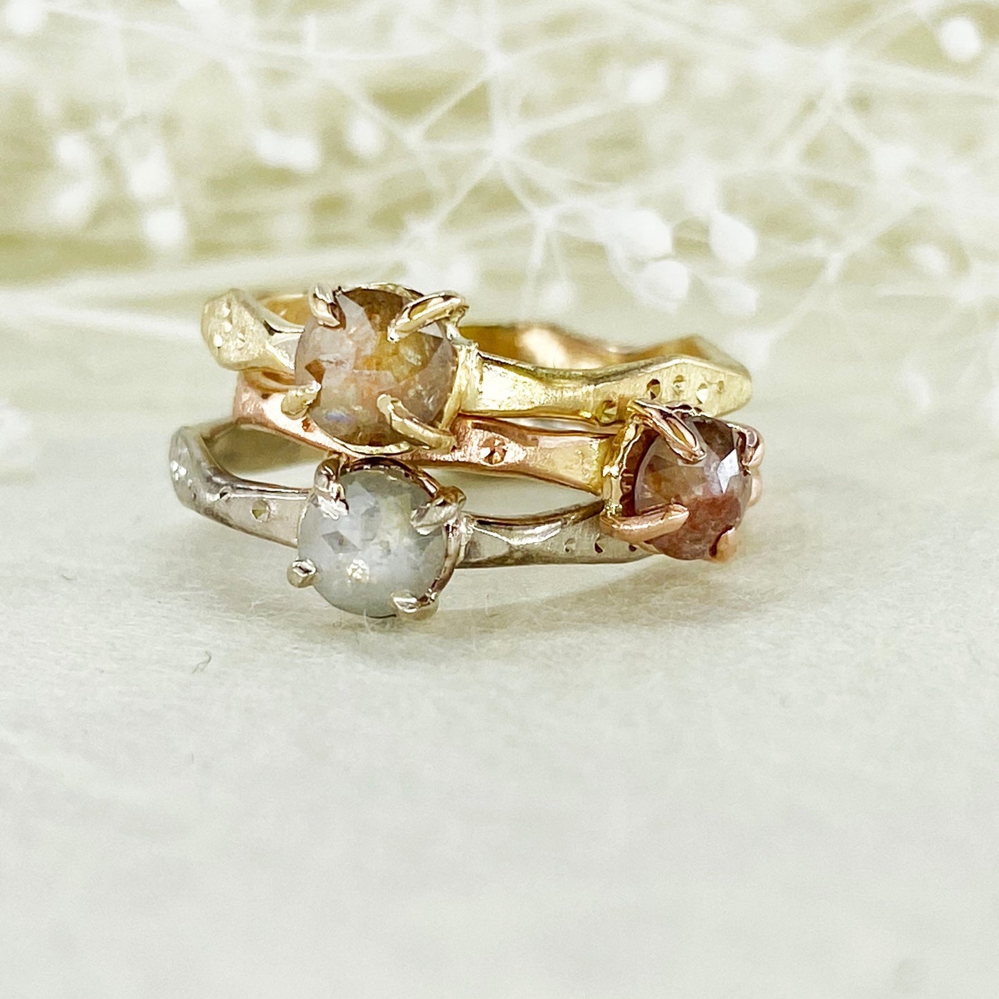 14k Tri Gold Rose Cut Diamond Ring Stackers - Mettle by Abby