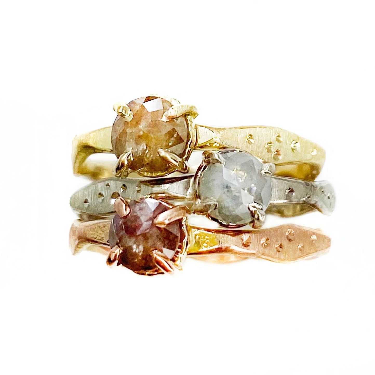 14k Tri Gold Rose Cut Diamond Ring Stackers - Mettle by Abby