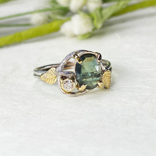 14k White and Yellow Gold Green Sapphire Leaf Ring - Mettle by Abby