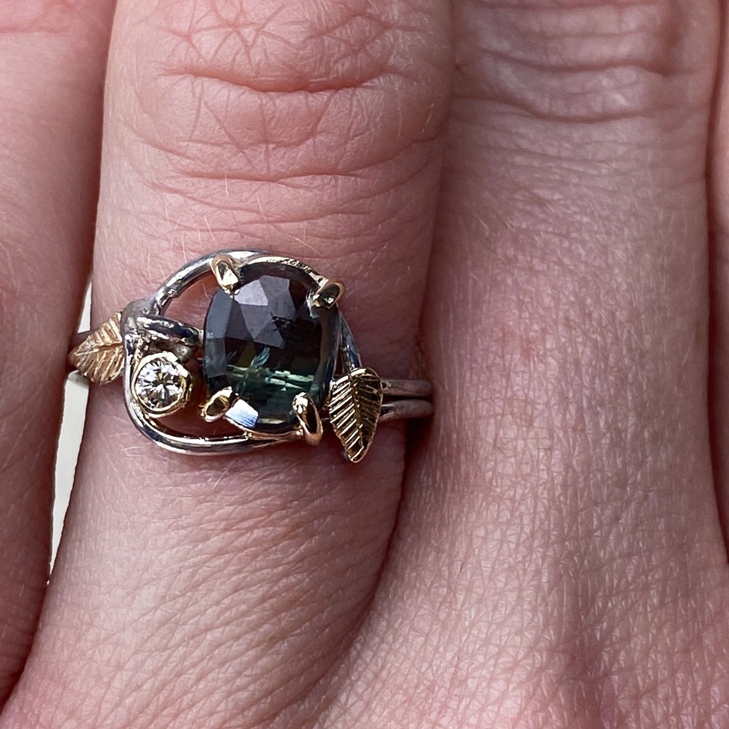 14k White and Yellow Gold Green Sapphire Leaf Ring - Mettle by Abby