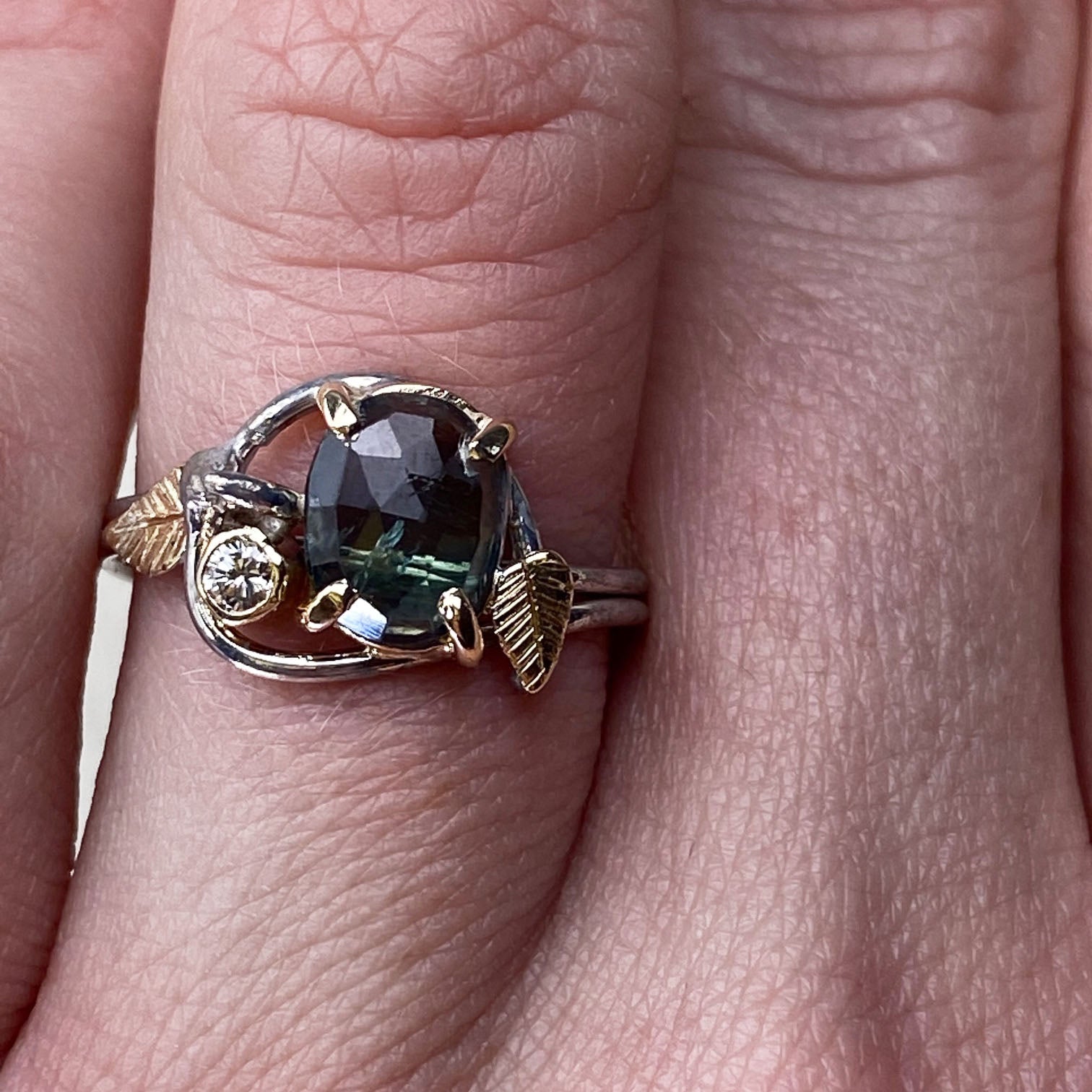 14k White and Yellow Gold Green Sapphire Leaf Ring - Mettle by Abby