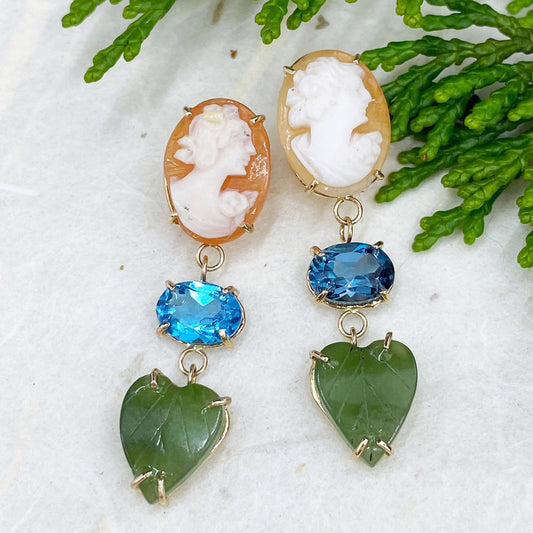 14k Yellow Gold, Cameo, Topaz, & Jade Leaf Earrings - Mettle by Abby