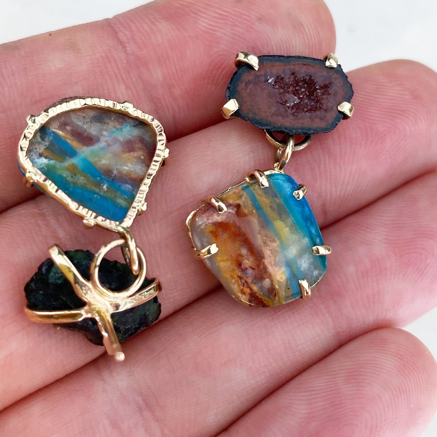 14k Yellow Gold, Red Geode & Peruvian Opal Earrings - Mettle by Abby