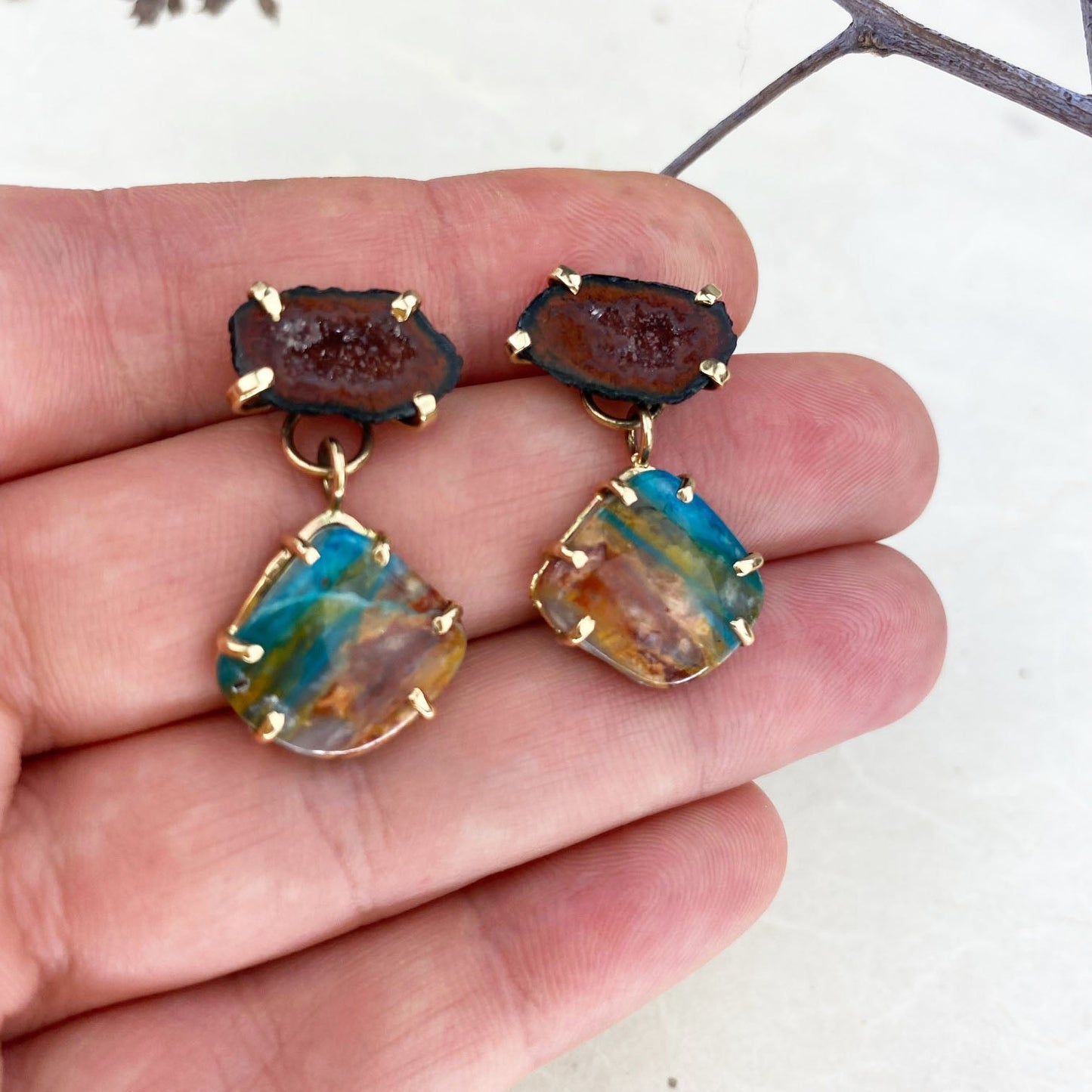 14k Yellow Gold, Red Geode & Peruvian Opal Earrings - Mettle by Abby