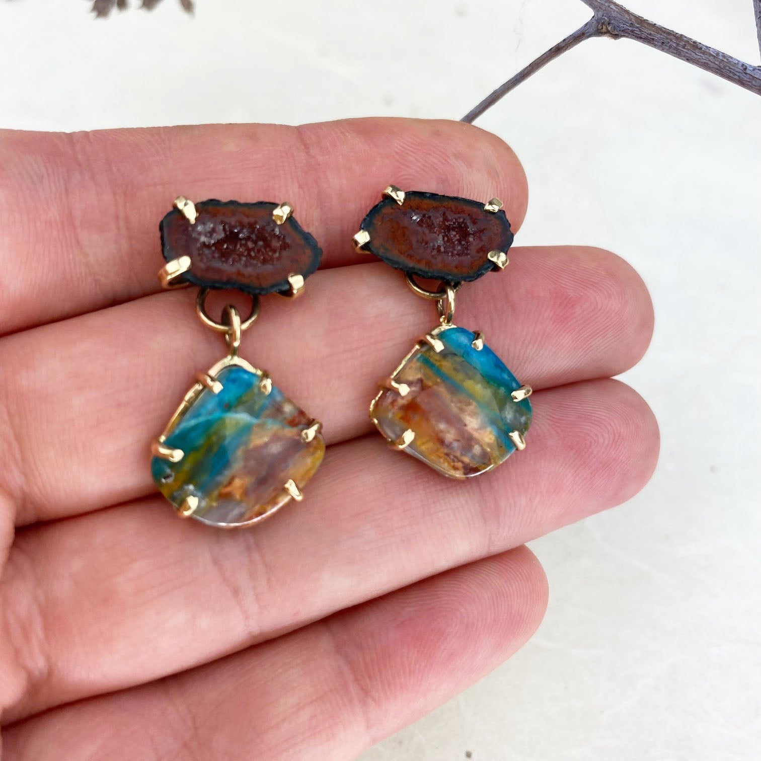 14k Yellow Gold, Red Geode & Peruvian Opal Earrings - Mettle by Abby