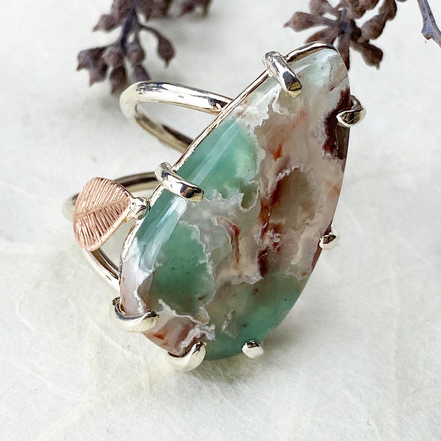 Rose Gold and Silver Chrysoprase Leaf Ring - Mettle by Abby