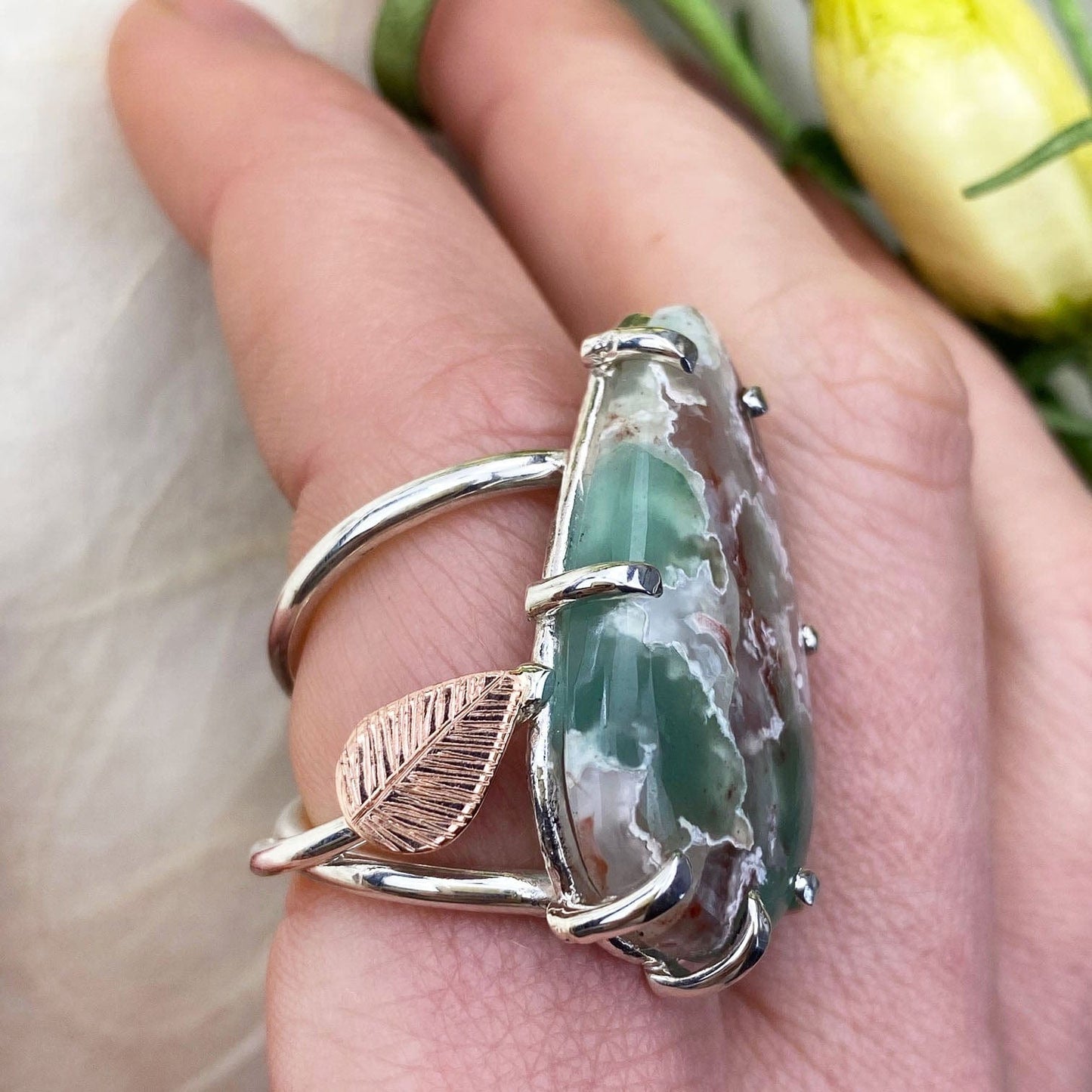 Rose Gold and Silver Chrysoprase Leaf Ring - Mettle by Abby