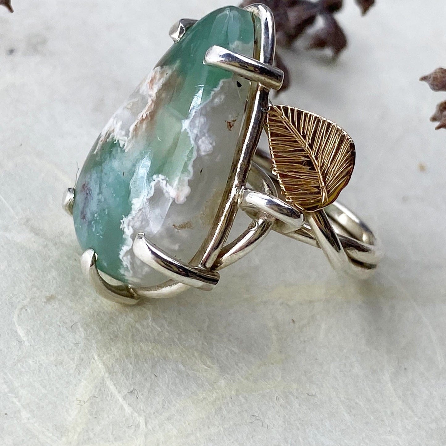 Rose Gold and Silver Chrysoprase Leaf Ring - Mettle by Abby