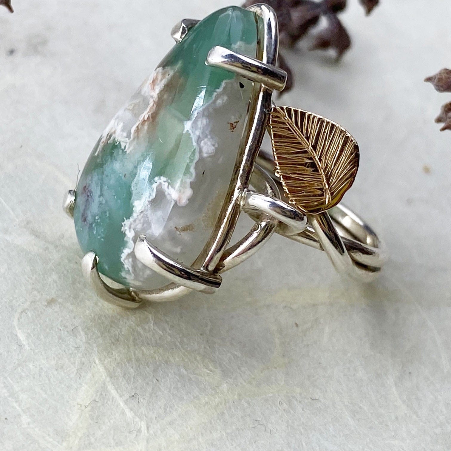 Rose Gold and Silver Chrysoprase Leaf Ring - Mettle by Abby