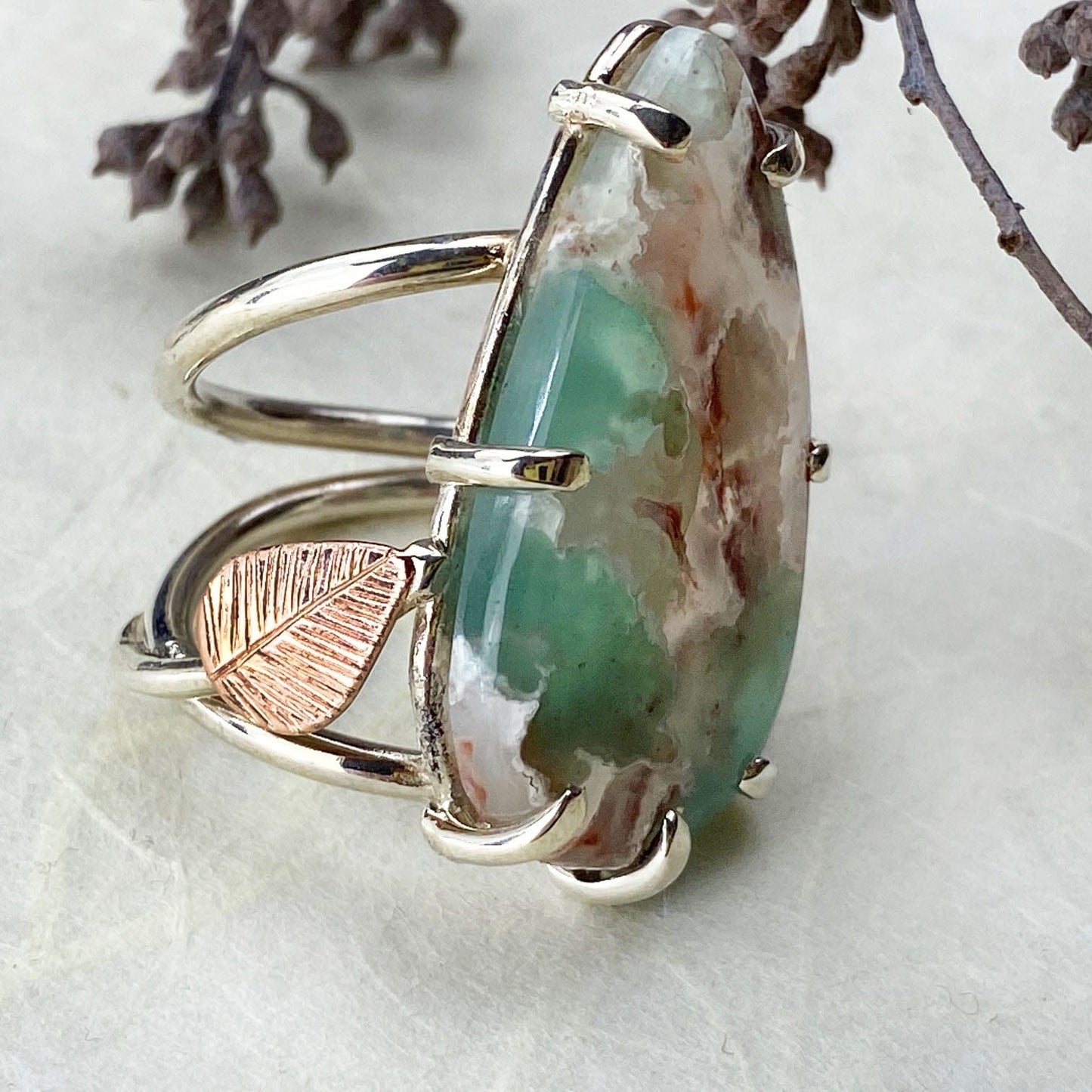 Rose Gold and Silver Chrysoprase Leaf Ring - Mettle by Abby