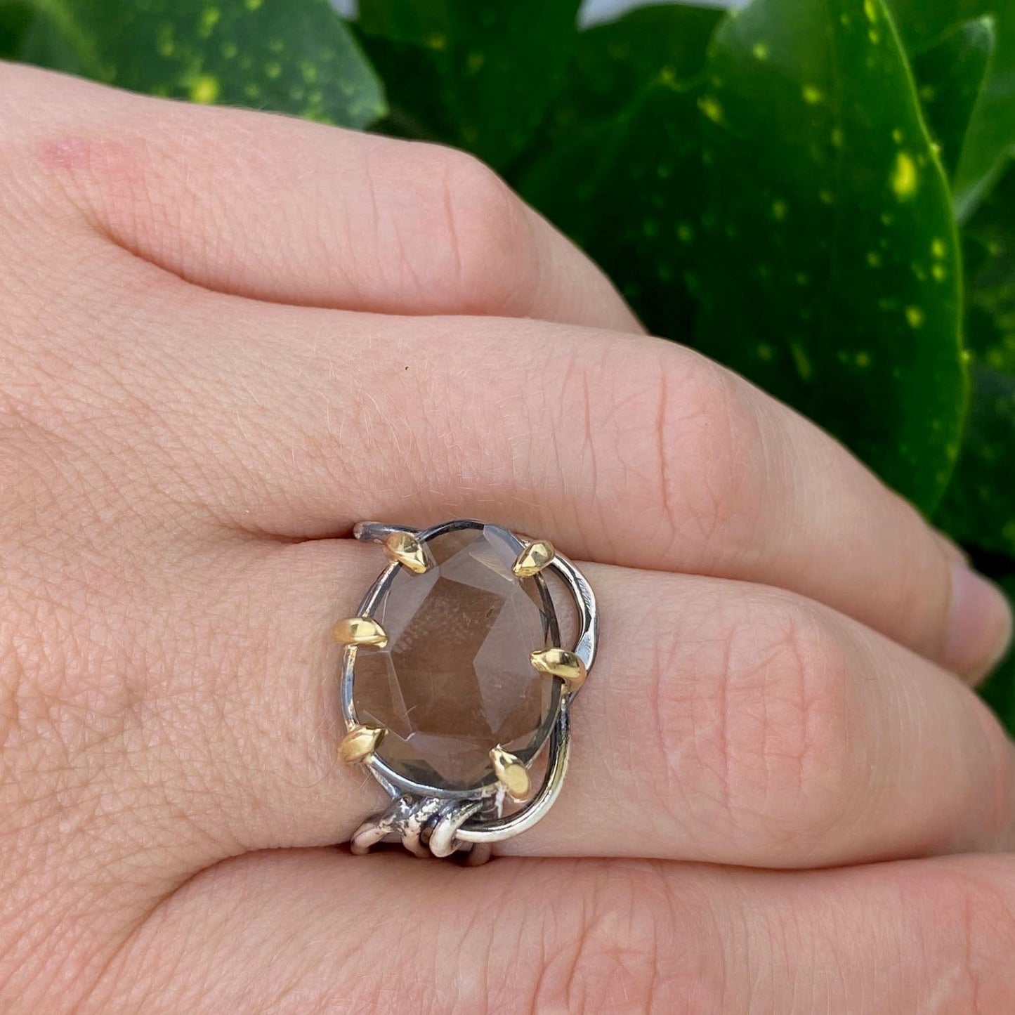 Silver and Gold Rose Cut Smokey Quartz Ring - Mettle by Abby