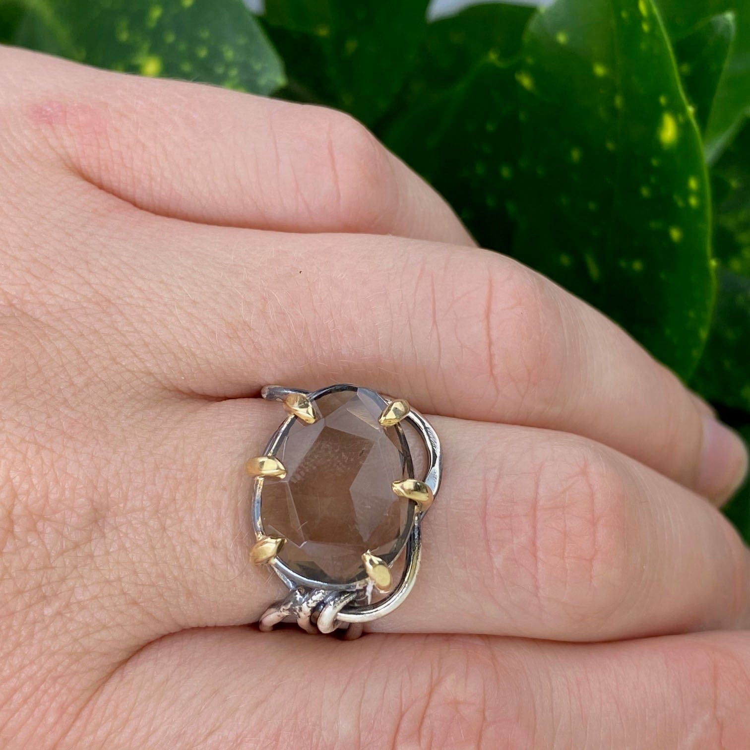 Silver and Gold Rose Cut Smokey Quartz Ring - Mettle by Abby