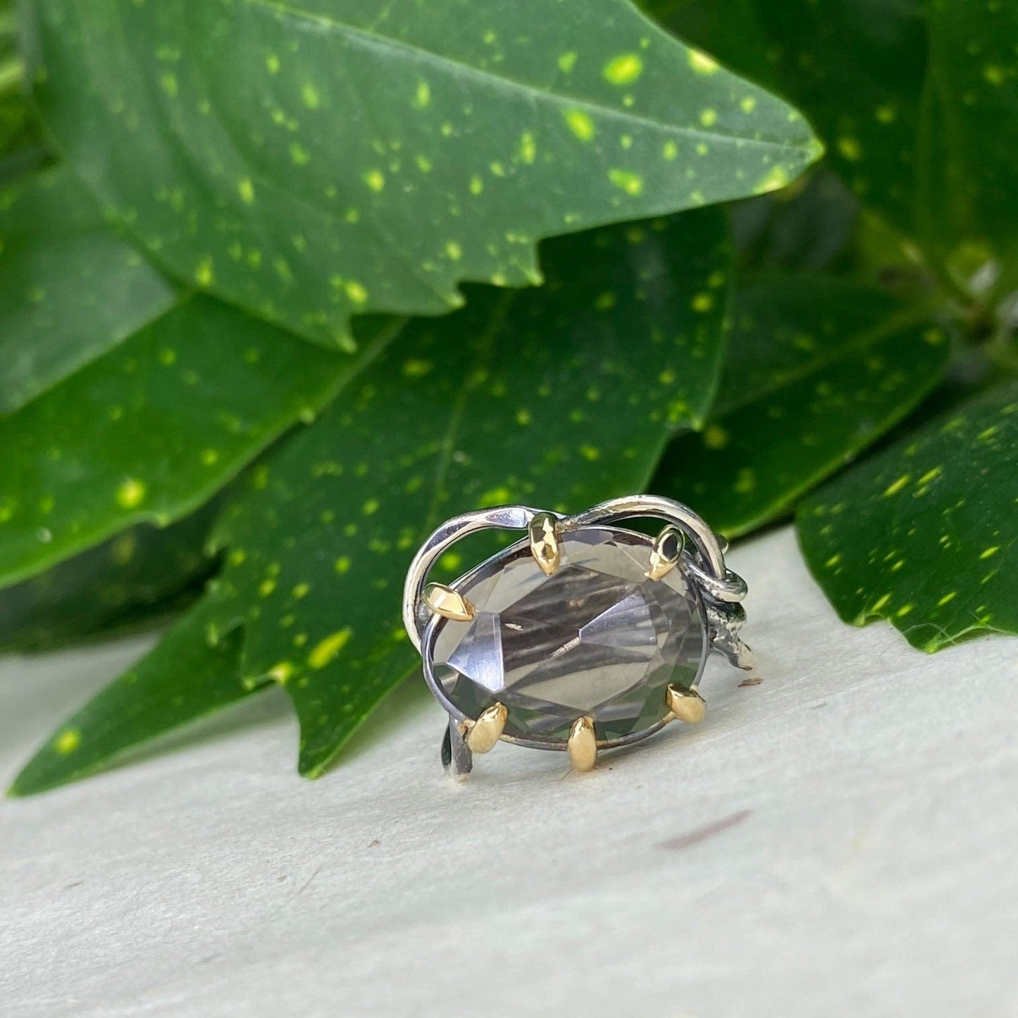 Silver and Gold Rose Cut Smokey Quartz Ring - Mettle by Abby