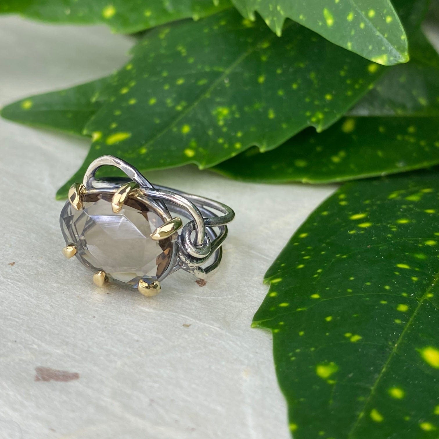 Silver and Gold Rose Cut Smokey Quartz Ring - Mettle by Abby