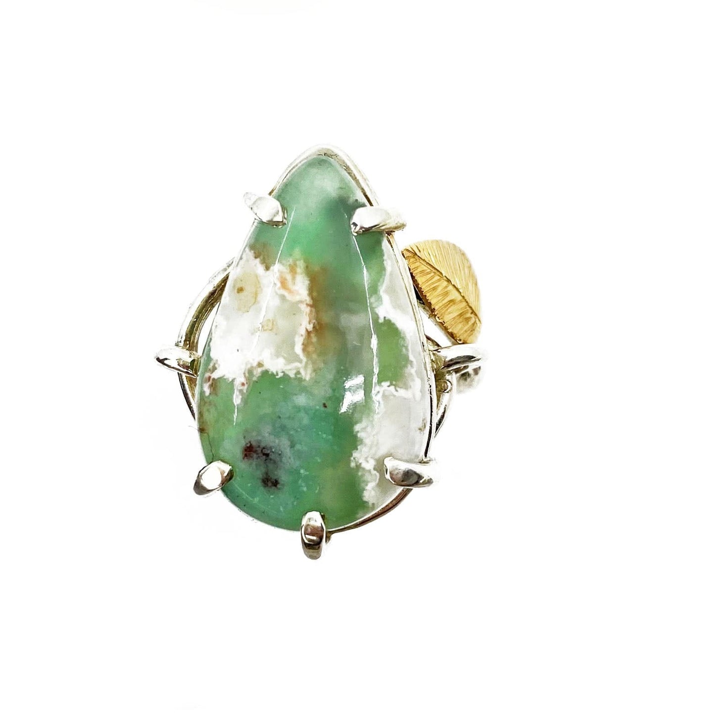 Yellow Gold and Silver Chrysoprase Leaf Ring - Mettle by Abby