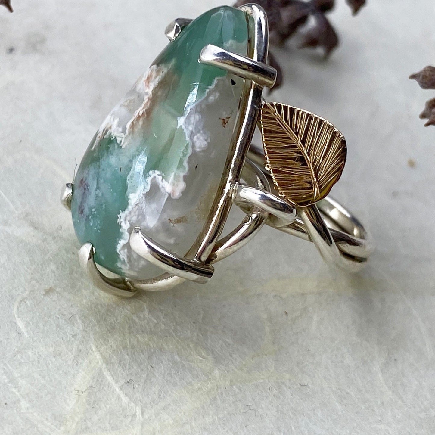 Yellow Gold and Silver Chrysoprase Leaf Ring - Mettle by Abby