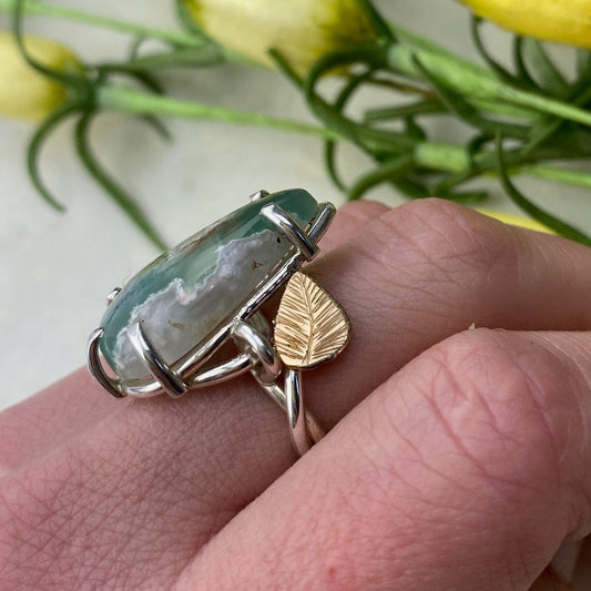Yellow Gold and Silver Chrysoprase Leaf Ring - Mettle by Abby