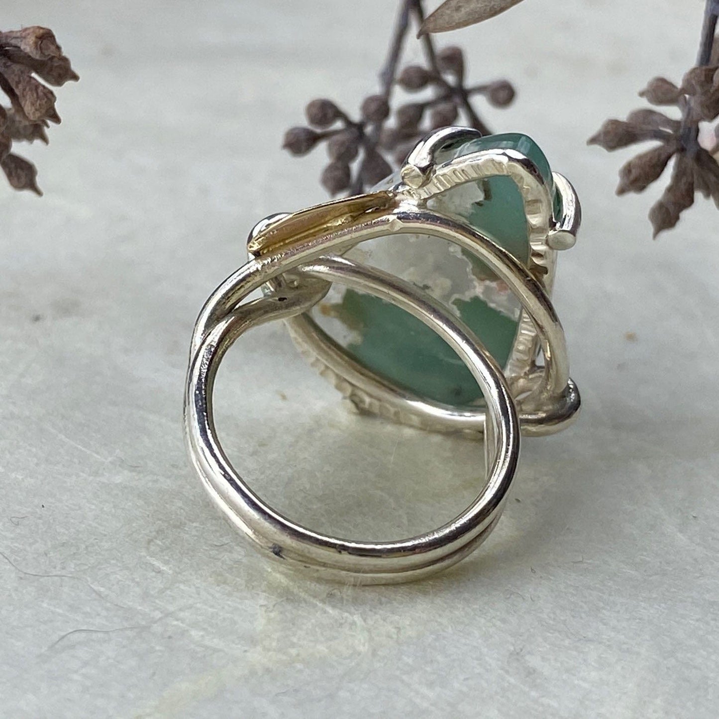 Yellow Gold and Silver Chrysoprase Leaf Ring - Mettle by Abby